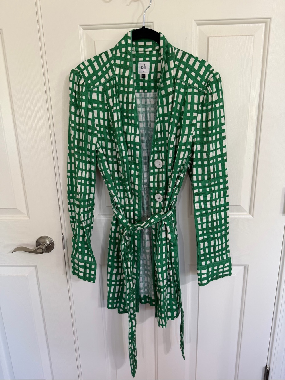 CAbi Circuit Jacket - Green and White Grid Print Belted Jacket - Spring 2022